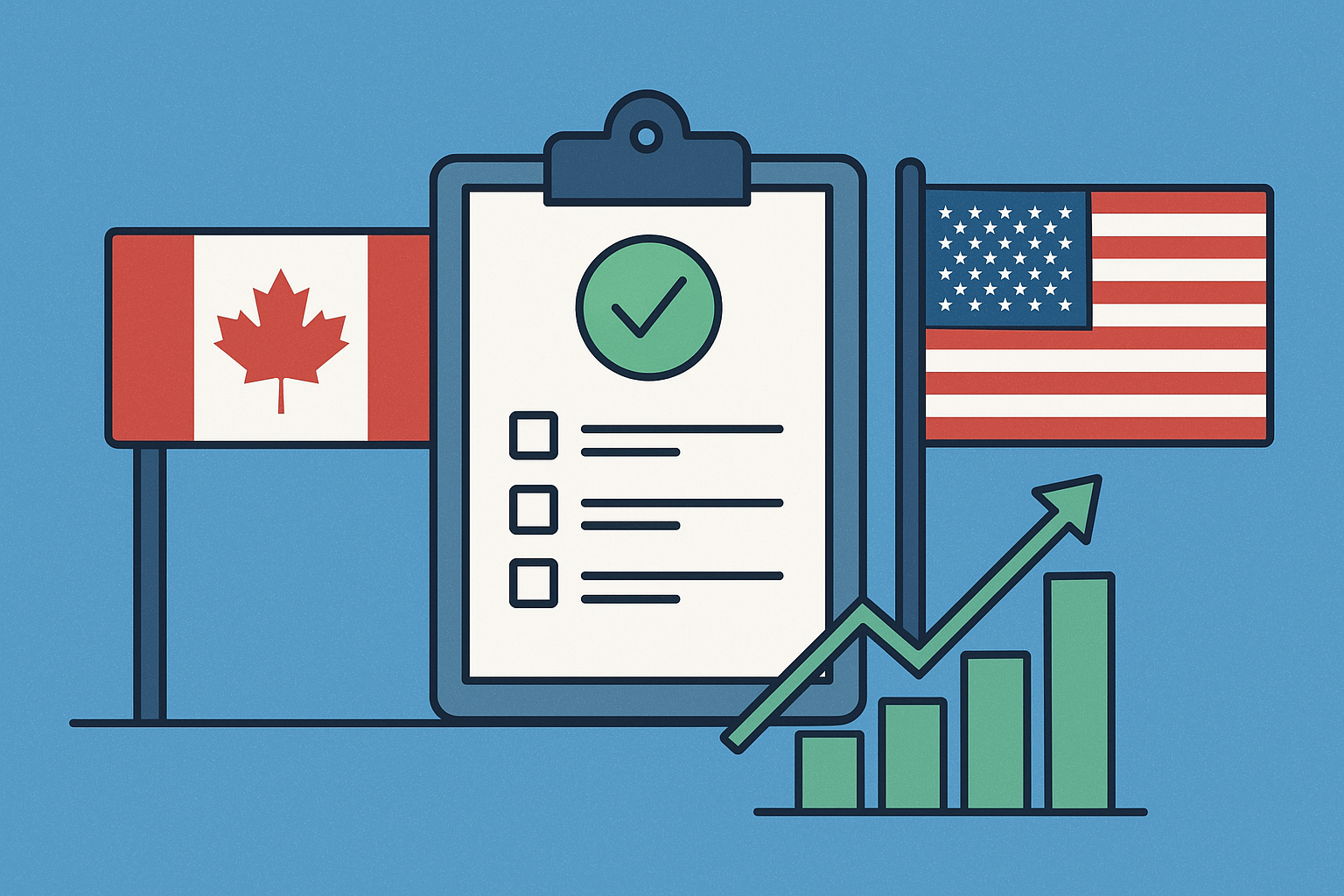 Illustration showing symbolic trade negotiations between Canada and the U.S., featuring balanced scales, shipping containers, and maple leaf and U.S. flag icons.