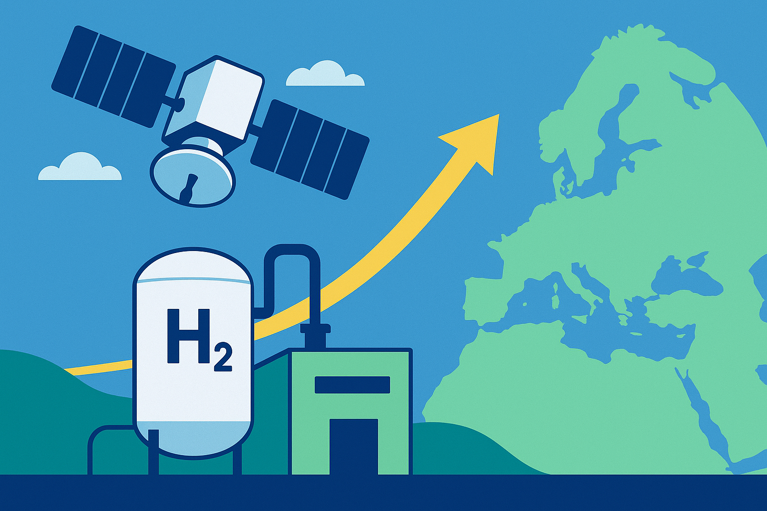 Illustration showing a satellite, a hydrogen facility, and a map of Europe connected by an upward yellow arrow, symbolizing growth in space and clean energy industries.