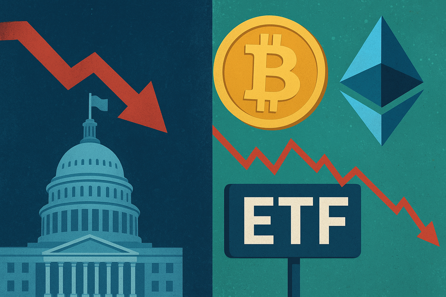 Illustration showing the U.S. Capitol with a downward arrow on one side and Bitcoin, Ethereum, and ETF symbols with volatility lines on the other side.