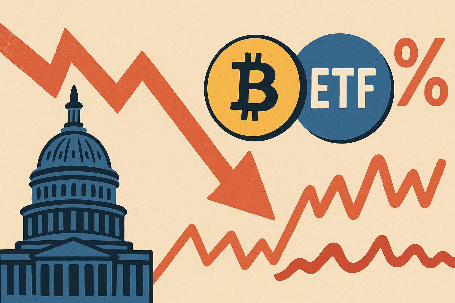 Symbolic illustration of financial market turbulence showing rising stock charts alongside storm clouds and balancing scales.