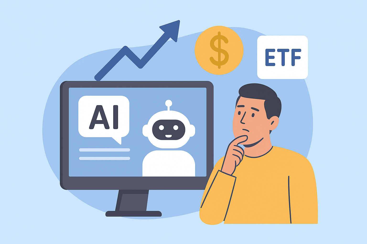 Illustration of a retail investor using an AI chatbot on a computer screen to choose stocks, surrounded by financial symbols like arrows, dollar signs, and ETFs.