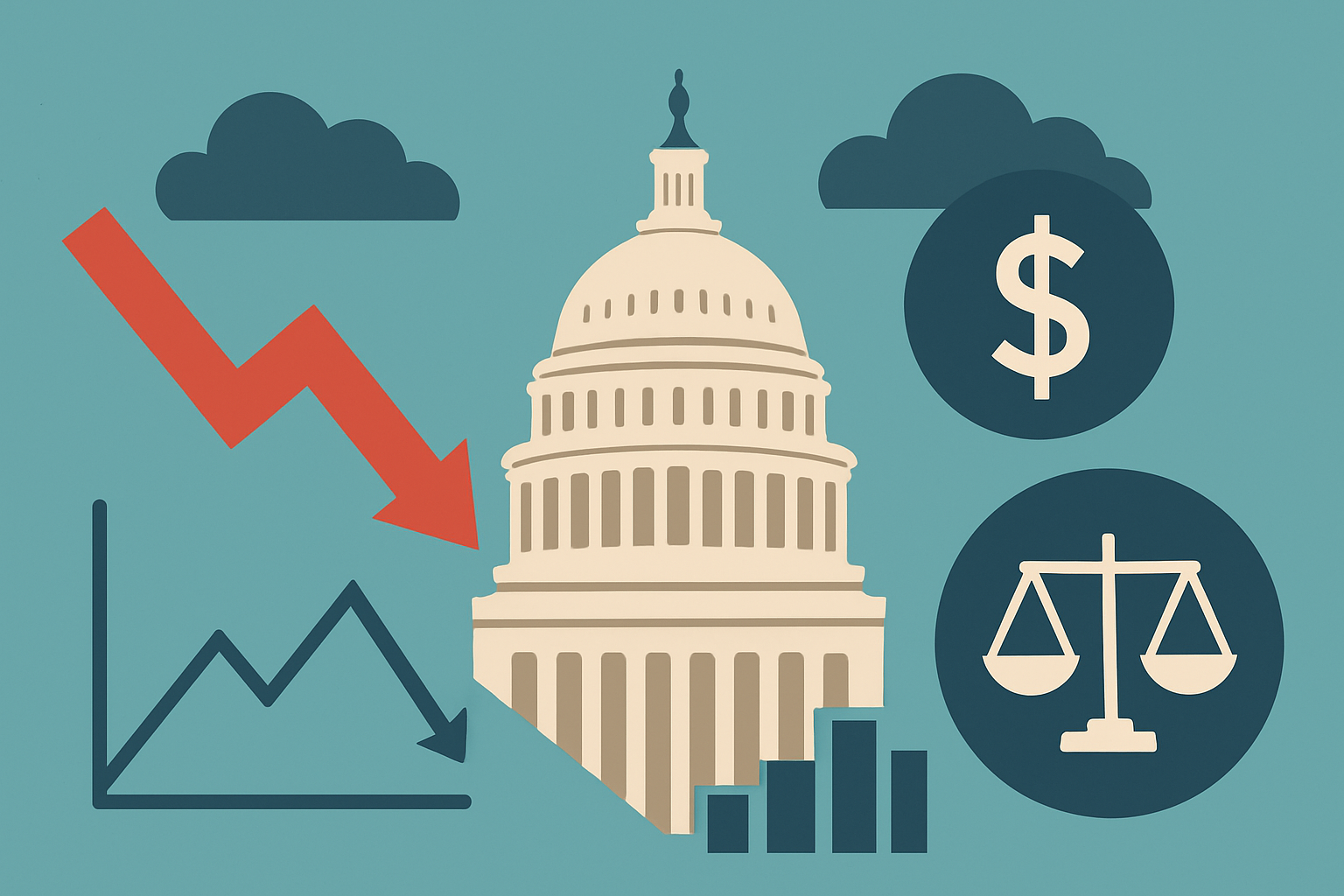 Illustration of the U.S. Capitol building with symbolic weighing scales tipping between economic stability and market volatility.