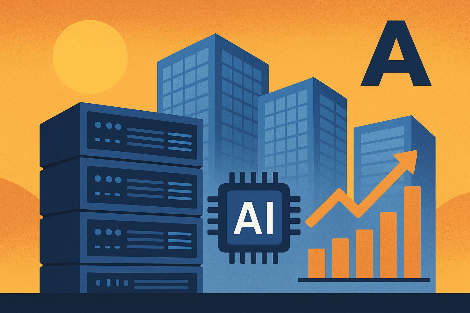 Illustration of modern data centers, AI chip, and upward growth chart representing the global AI infrastructure boom.
