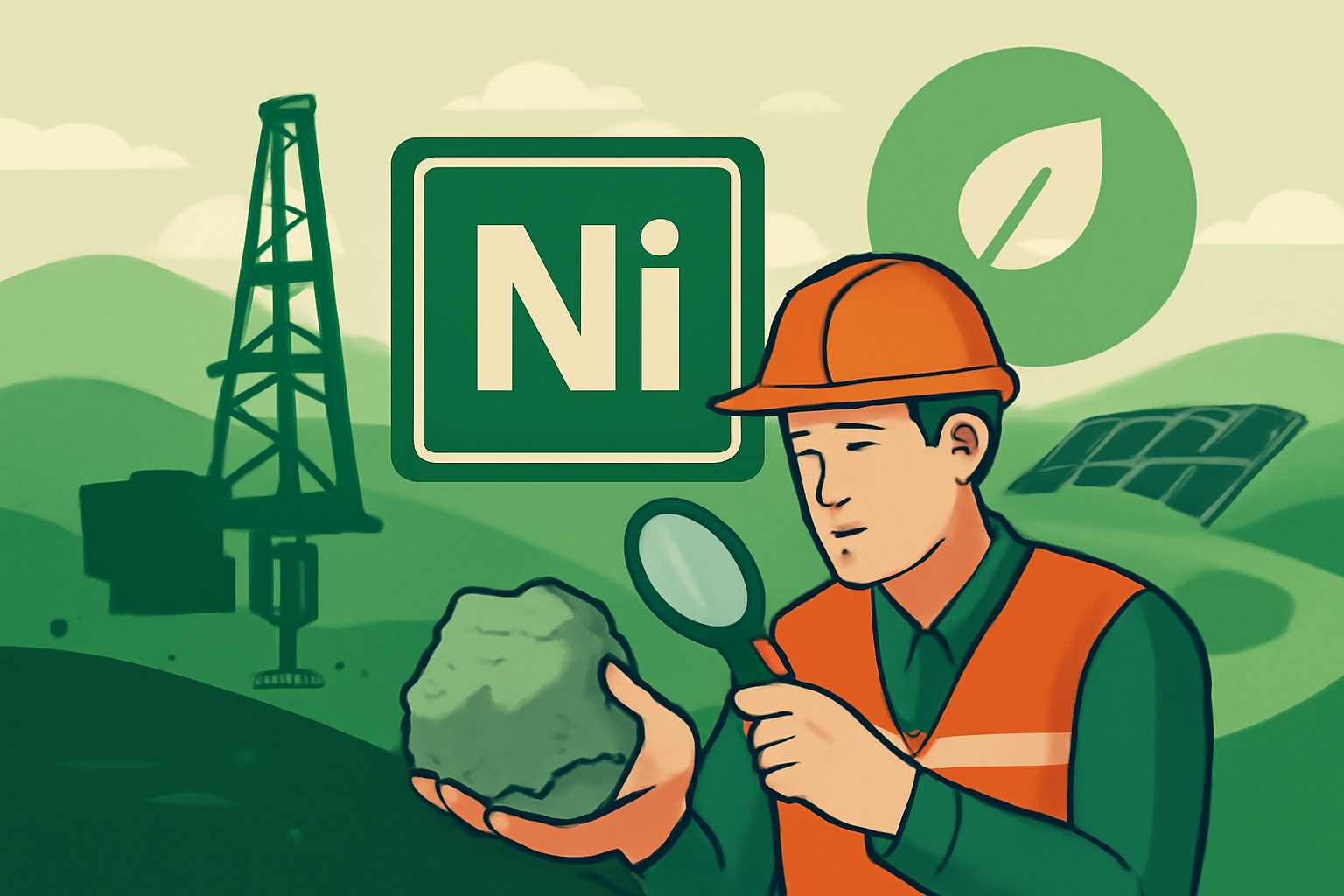 A geologist examining a rock sample with a magnifying glass, set against a backdrop of a drilling rig, a green leaf symbol, and solar panels, symbolizing the clean energy transition.
