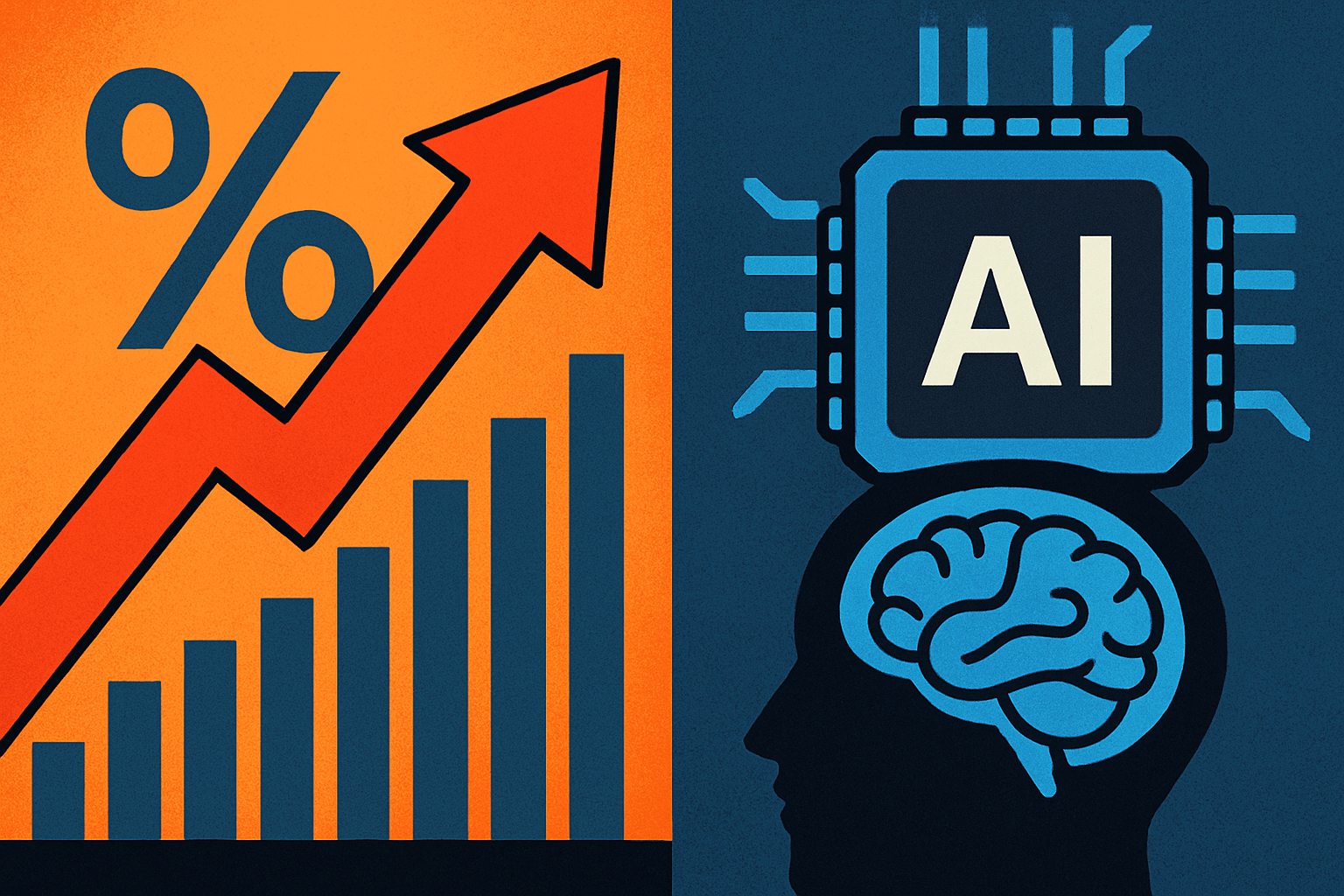Illustration showing a red upward arrow and bar chart on one side, and a human head with an AI chip and brain symbol on the other, representing the impact of rising Treasury yields on AI investments.