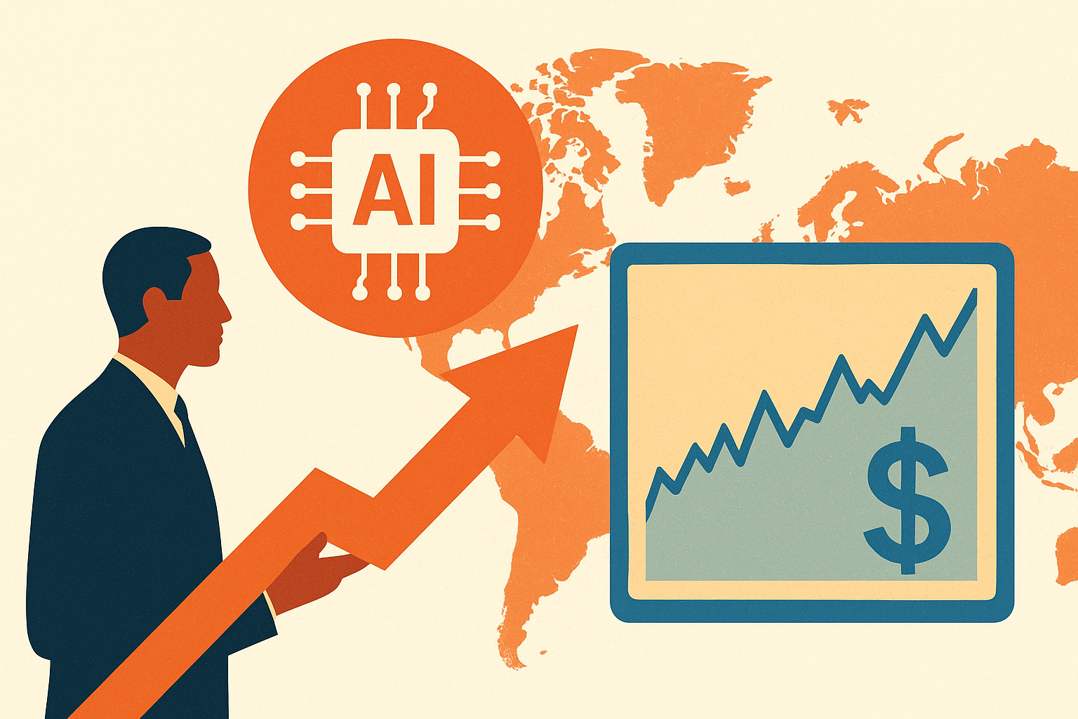 Illustration of an investor holding an upward arrow, with a world map, AI chip symbol, and rising stock chart representing global investment in U.S. markets.