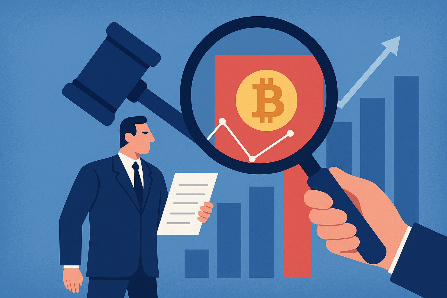 Illustration of a business regulator holding documents, with a magnifying glass focusing on a Bitcoin symbol over a stock chart, symbolizing regulatory scrutiny of crypto-related stock activity.