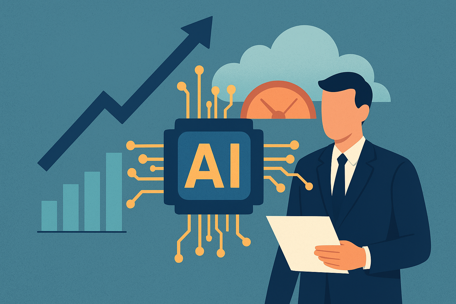 Illustration of a businessman analyzing AI investments, with a glowing AI microchip, upward stock chart, and a gauge symbolizing overheated growth.