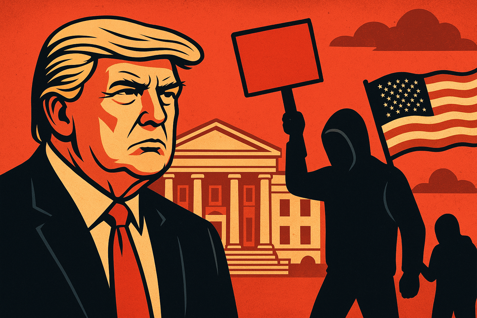 Illustration of Donald Trump in front of a U.S. government building, with hooded protesters holding a blank sign and an American flag, symbolizing political unrest and institutional conflict.