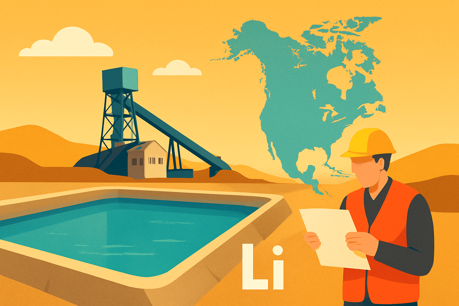 Illustration of a lithium brine pond with mining facility, geologist, and North American map in the background.