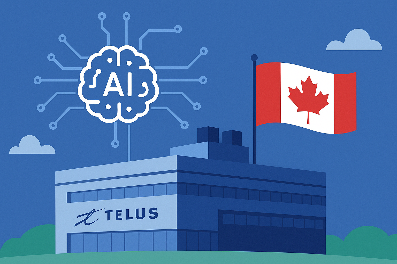 Illustration of a modern AI data center in Quebec powered by renewable energy, symbolizing Canadian data sovereignty and technology independence.