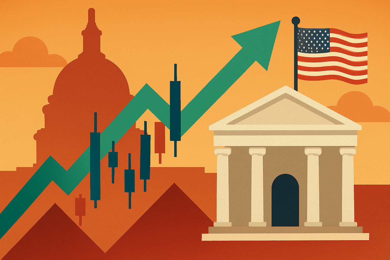 Symbolic illustration of U.S. stock market growth with an upward arrow and candlestick chart set against government buildings and the American flag, representing optimism amid political uncertainty.