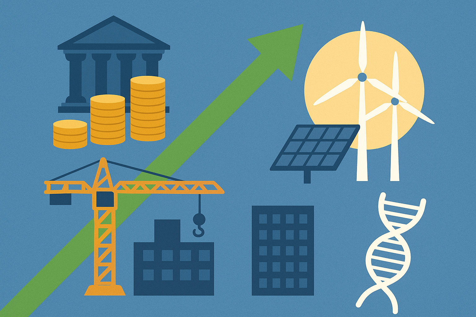 Flat design illustration showing global finance, AI technology, and critical minerals symbolized by robotic arms, stock charts, and nickel mining elements.
