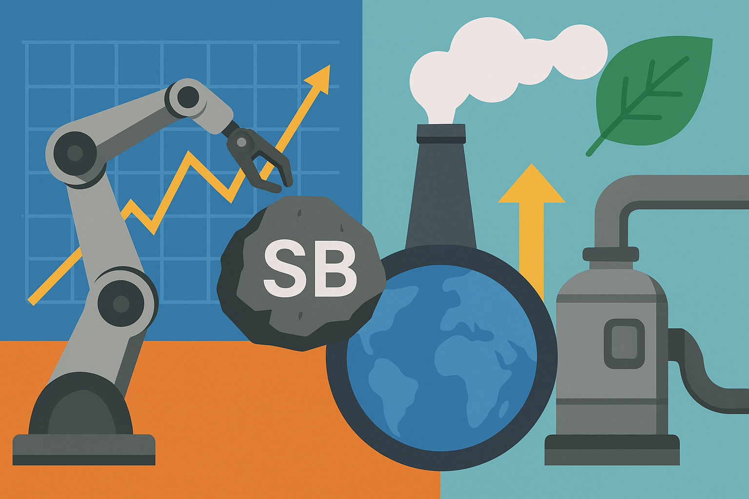 Symbolic illustration showing a robotic arm holding an antimony rock labeled “SB,” a factory with emissions over a globe, and environmental machinery with a green leaf icon.