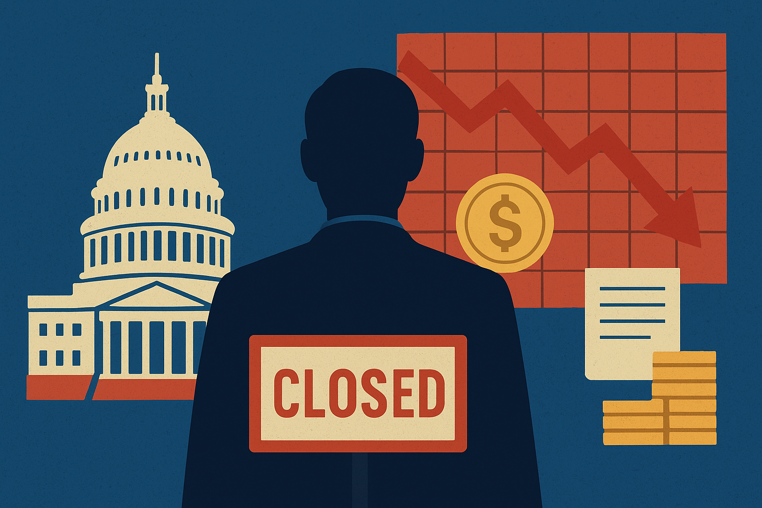 Flat-style illustration showing a U.S. government building under looming financial uncertainty with symbolic storm clouds.