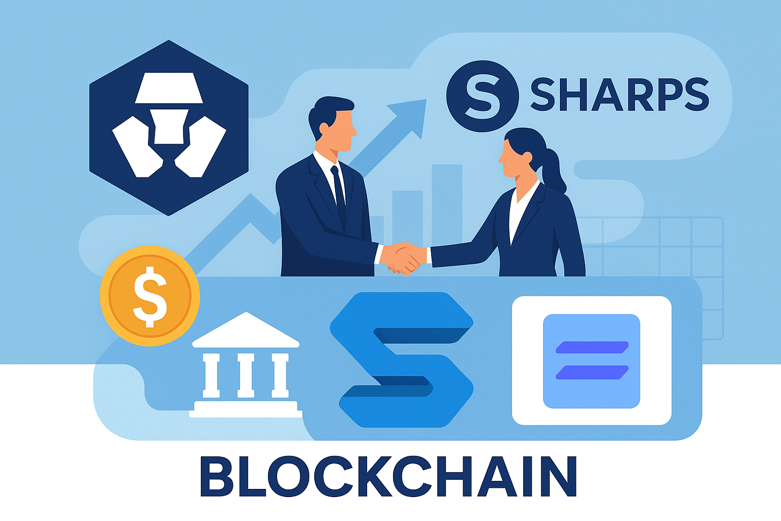Illustration of Crypto.com and Sharps Technology partnership showing two professionals shaking hands, blockchain symbols, and Solana icon.