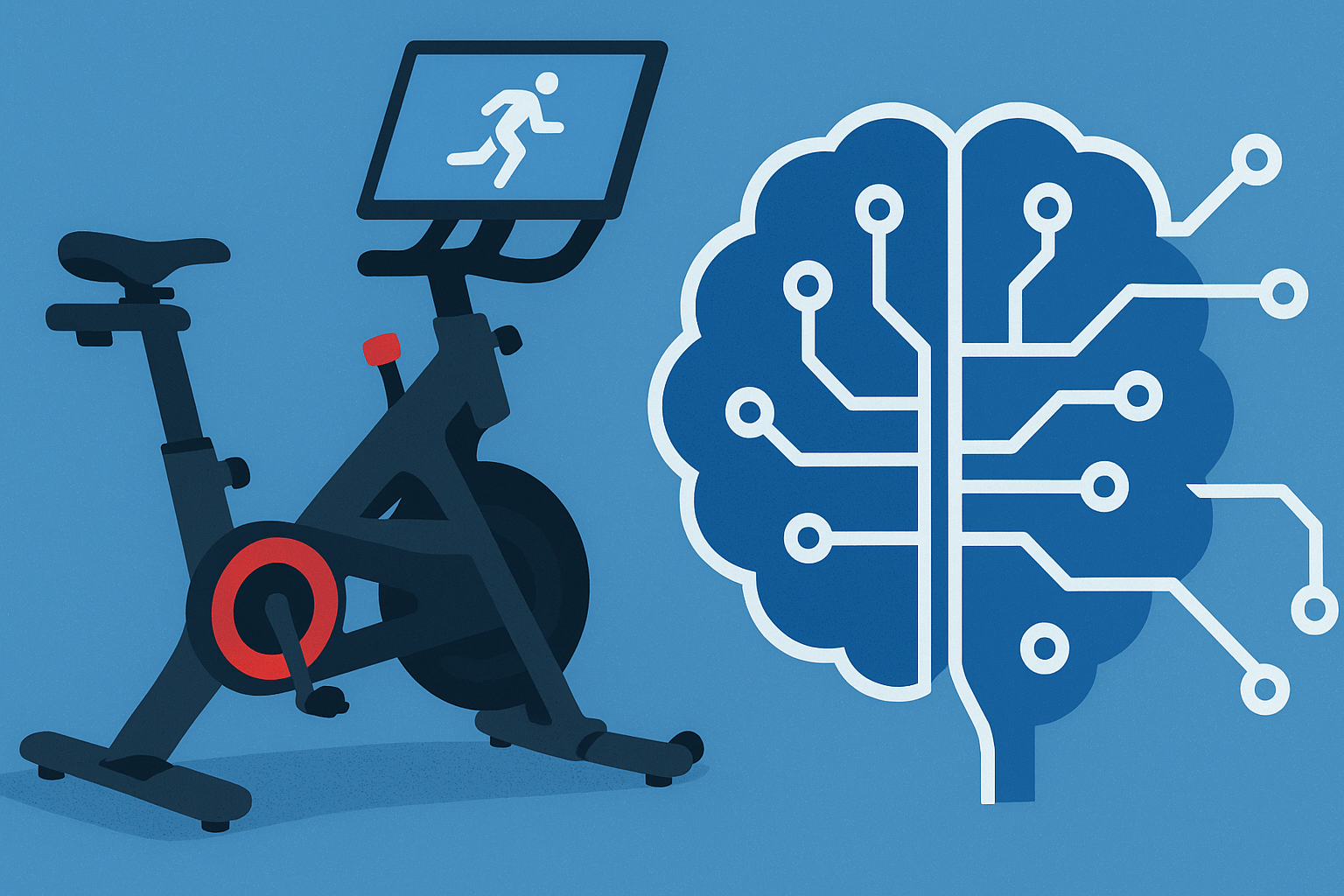 Illustration of a Peloton stationary bike beside a stylized digital brain symbolizing AI integration.