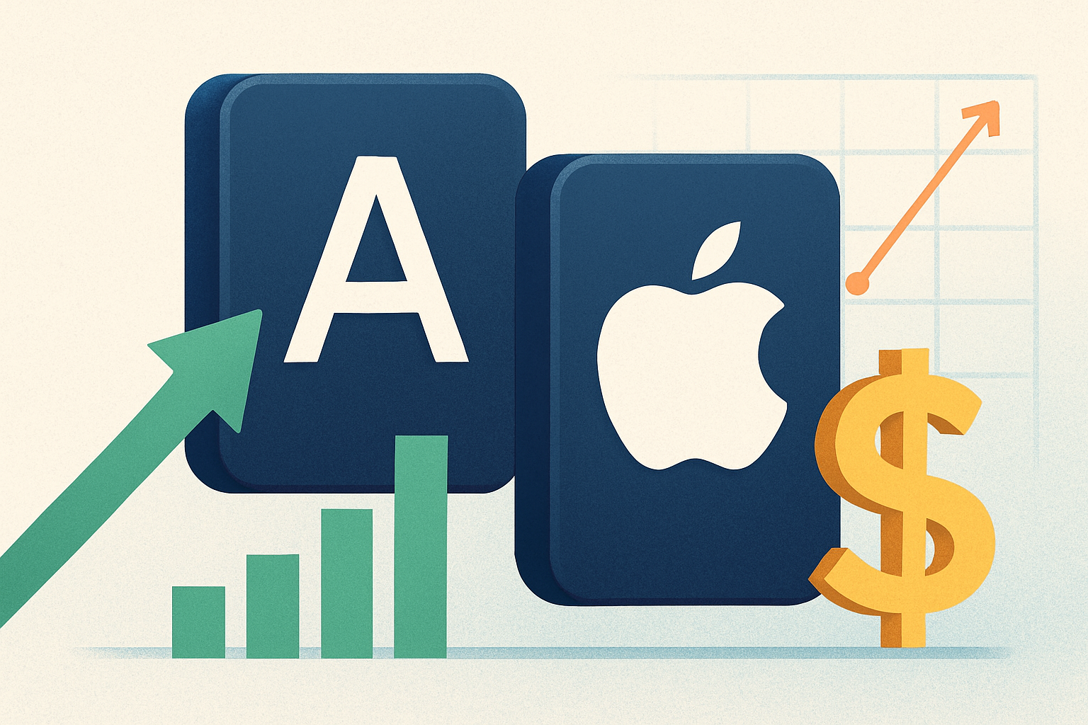 Illustration of Alphabet and Apple symbols surrounded by financial growth icons, including rising charts, arrows, and a dollar sign.