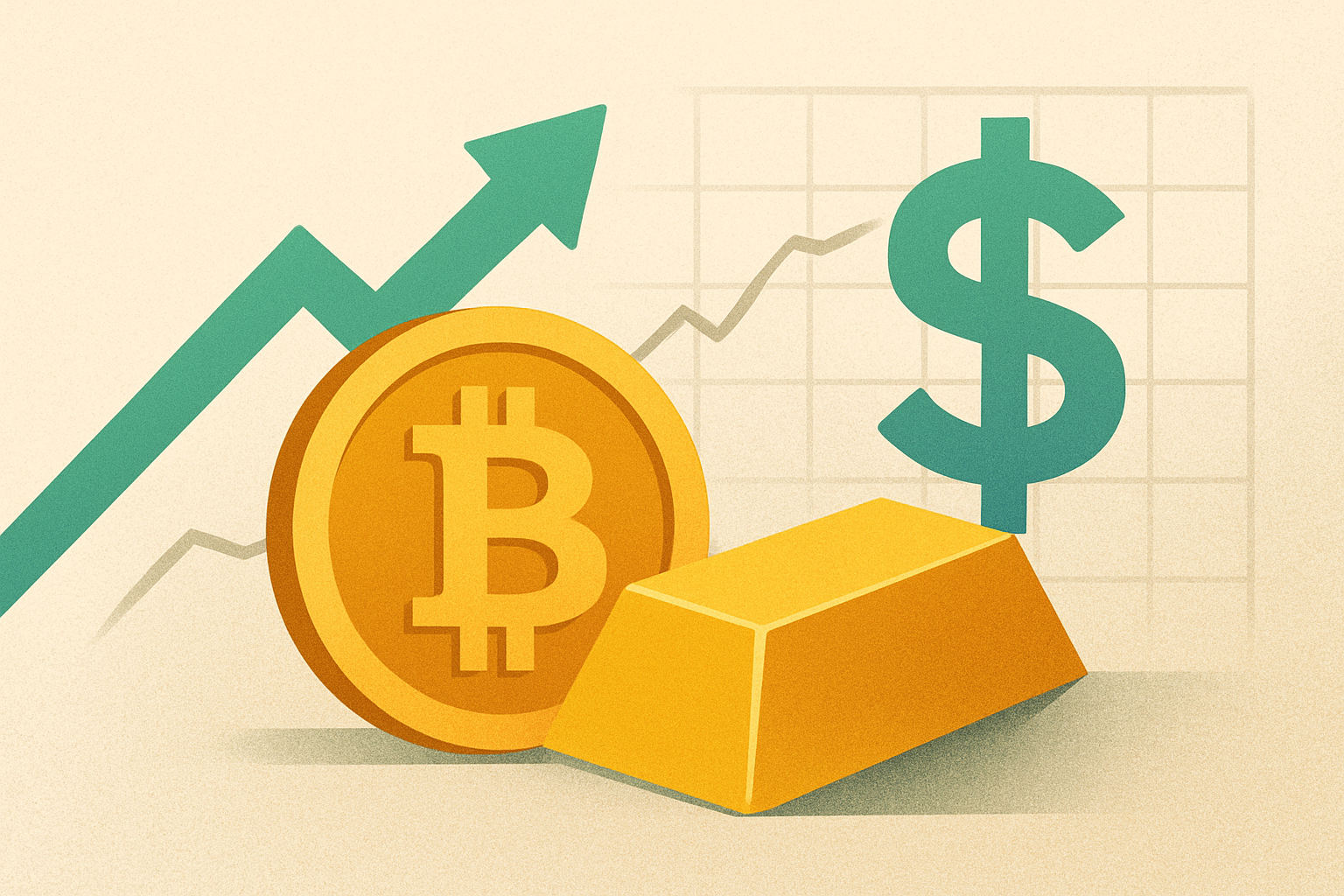 Illustration of a Bitcoin coin, a gold bar, and a green U.S. dollar symbol with upward-trending arrows and charts.