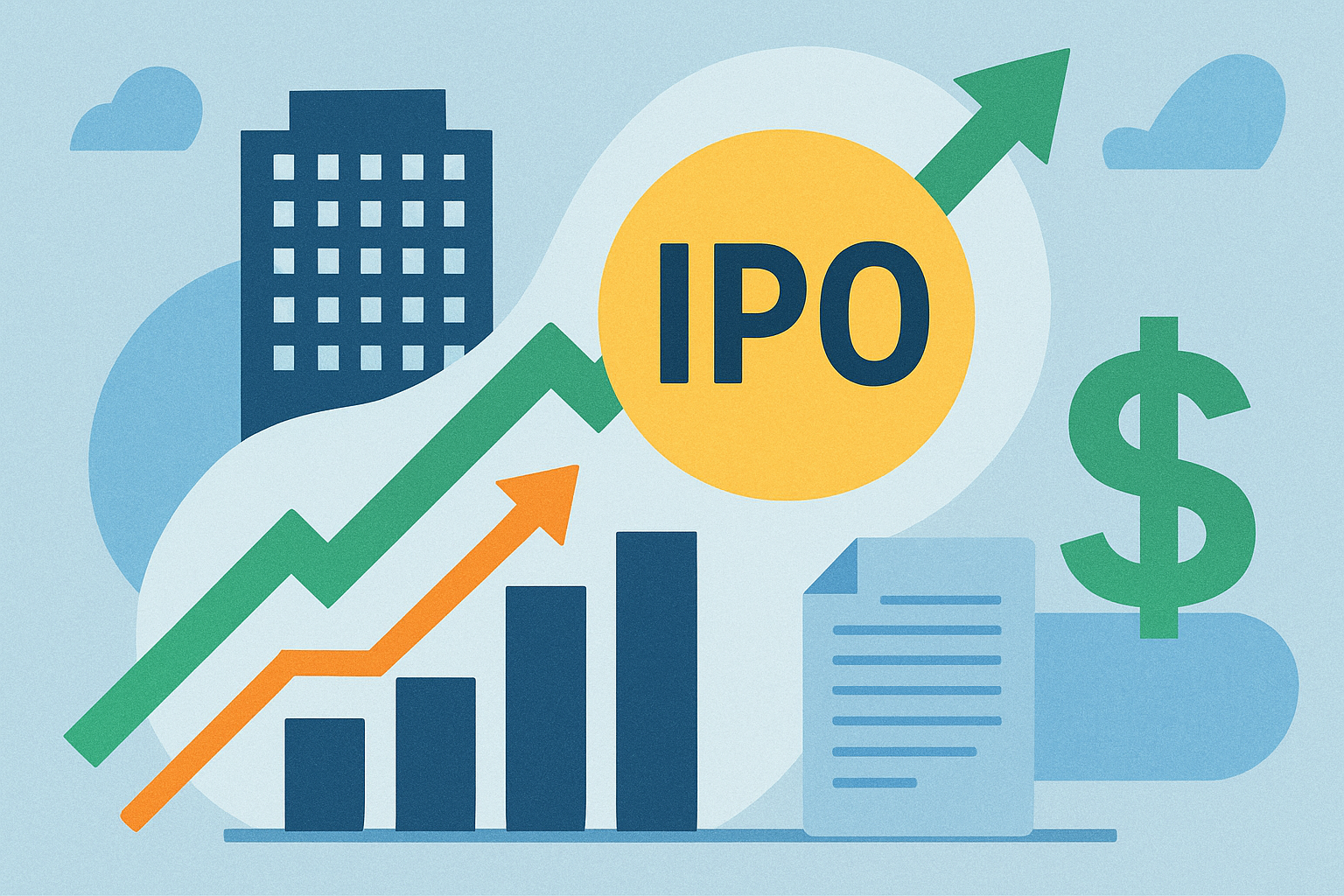 Illustration of IPO growth featuring rising bar charts, arrows, a dollar sign, and a corporate building symbolizing new market listings.