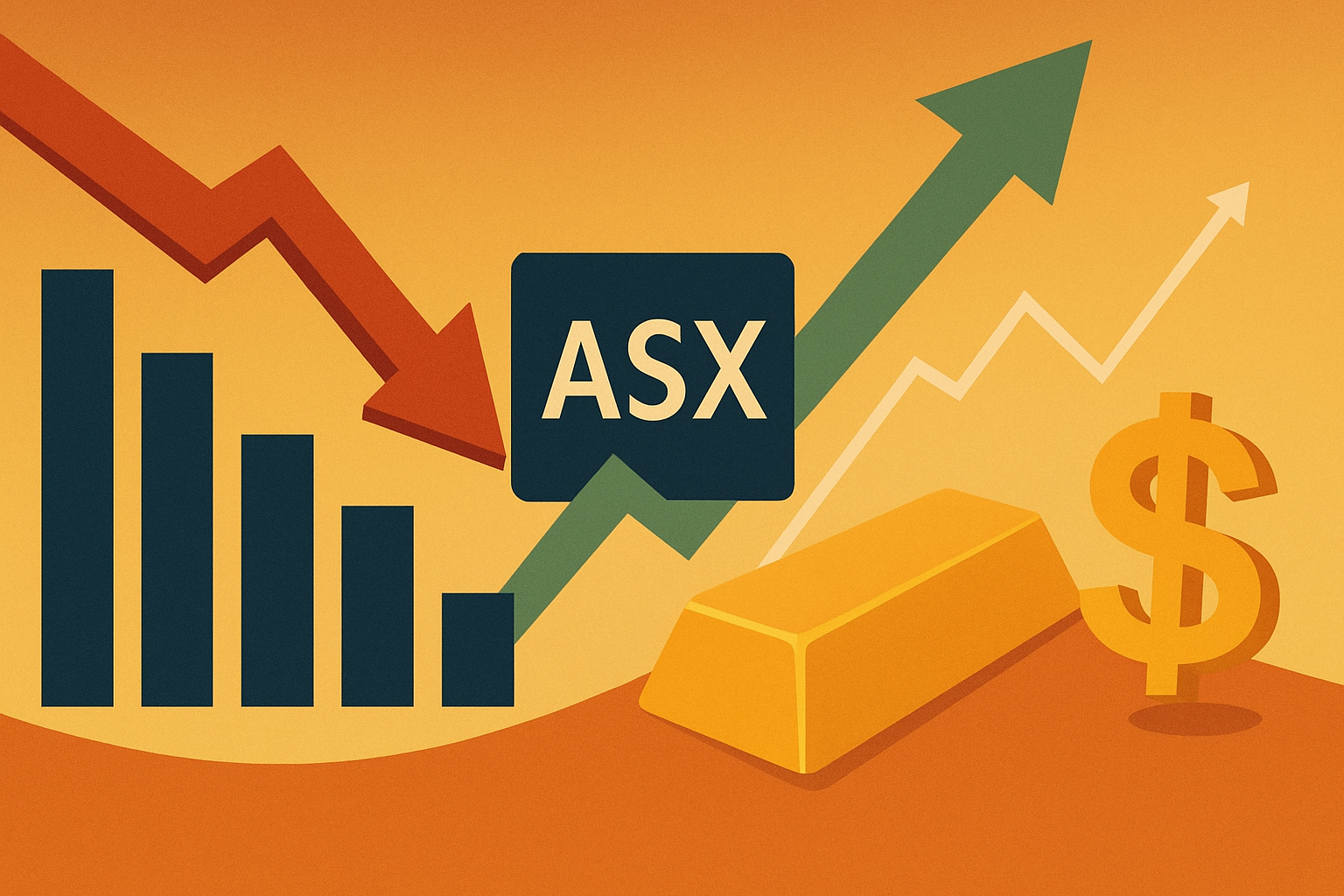 Illustration showing a red downward arrow over a falling bar chart, the ASX logo, a green upward arrow for bond yields, and a gold bar with a dollar symbol.