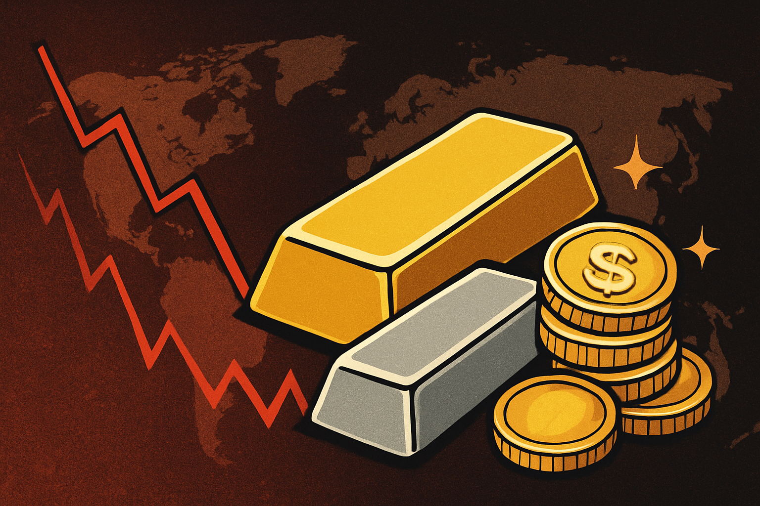 Illustration of gold and silver bars with coins against a dark world map backdrop and a red declining market graph.