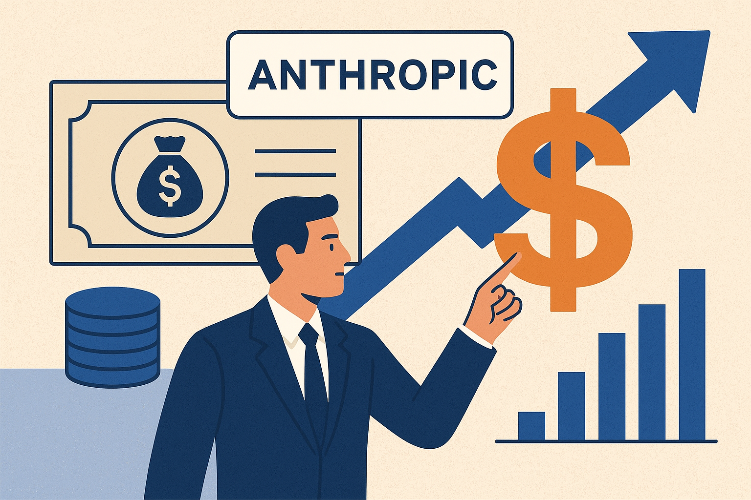 Illustration showing a businessman pointing at a rising financial arrow with dollar signs, coins, and Anthropic logo representing major AI funding growth.