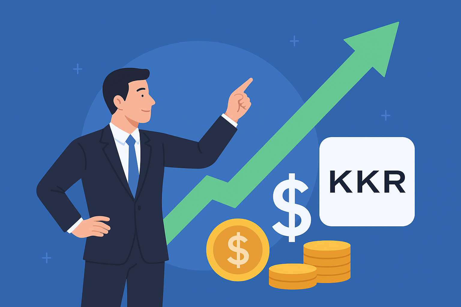 Illustration of a businessman in a suit pointing upward toward a rising green arrow with dollar signs, coins, and the KKR logo symbolizing investment growth.