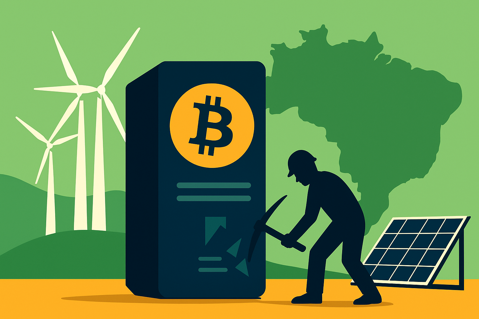 Illustration of Bitcoin mining in Brazil with wind turbines, solar panels, and a map of Brazil in the background.