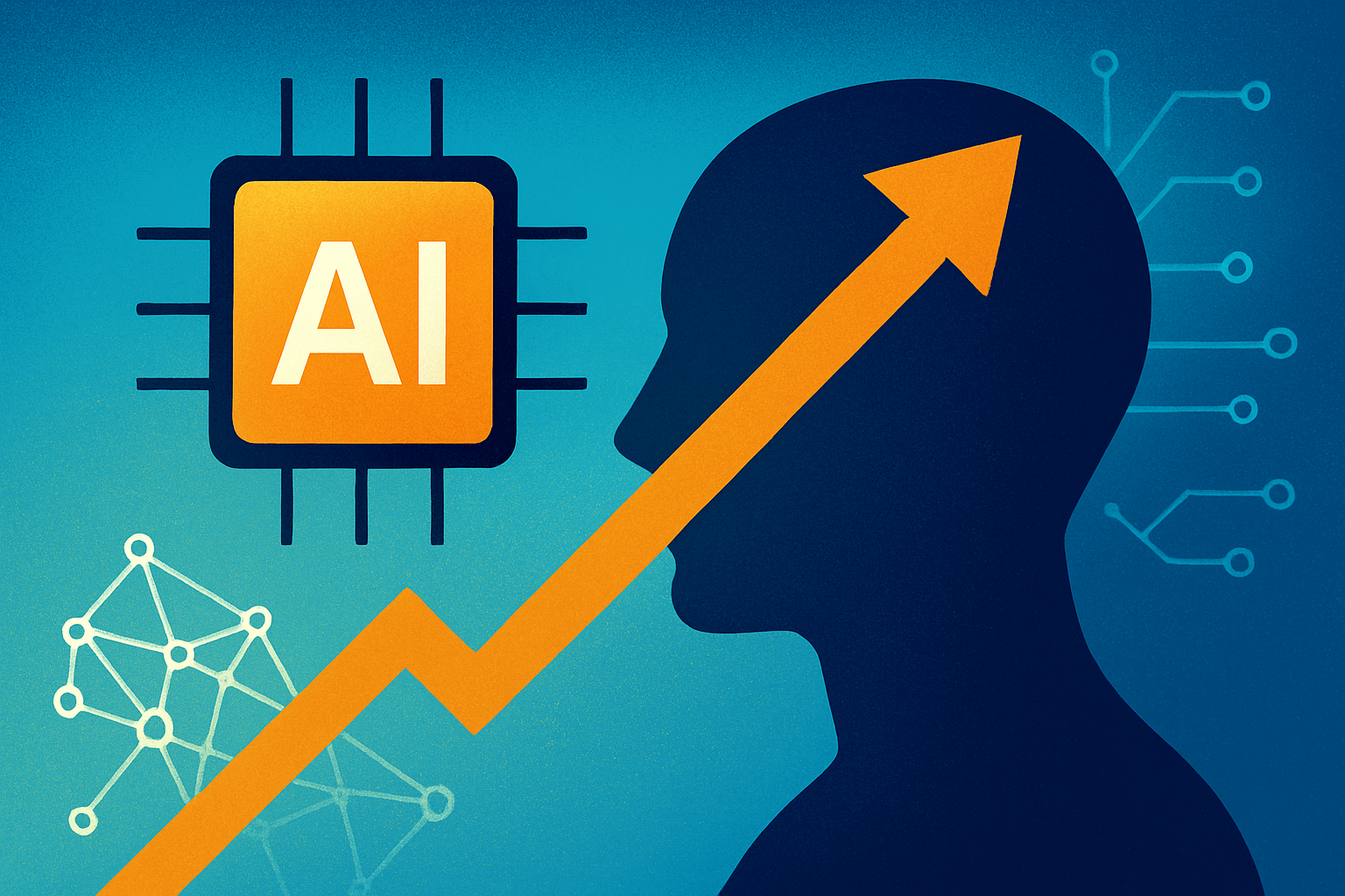 Illustration of a human head silhouette with an AI microchip, neural network patterns, and an upward arrow symbolizing rapid AI advancement.