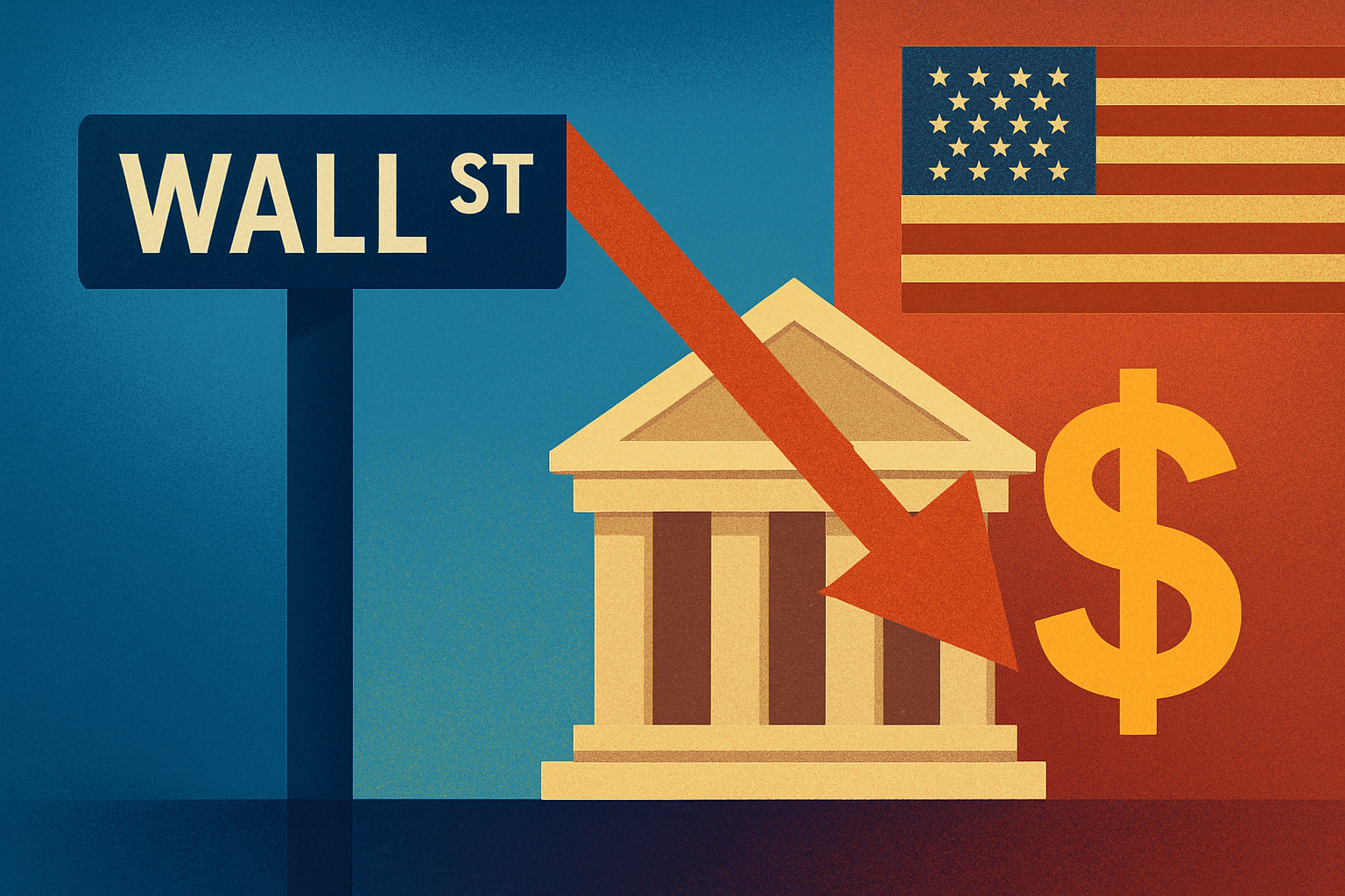Illustration of Wall Street buildings under dark storm clouds with red downward arrows symbolizing market decline.