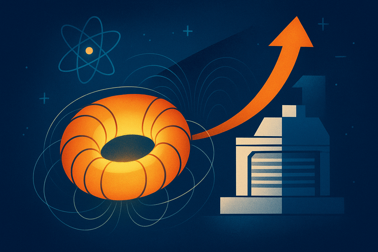 Digital illustration of a glowing toroidal plasma reactor with bright magnetic field lines encircling it, symbolizing advanced fusion technology.