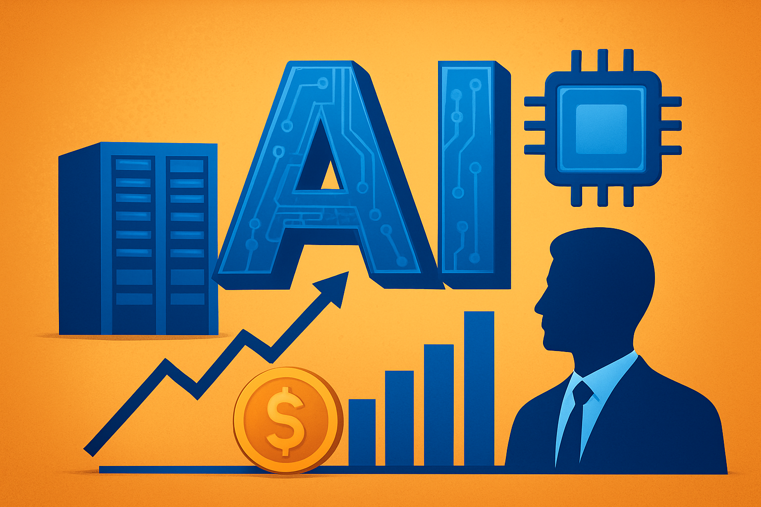 Illustration of AI infrastructure showing data center, chip, financial growth chart, and businessman silhouette.
