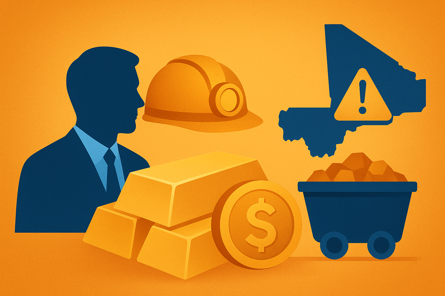 Symbolic illustration of a mining landscape with gold and copper elements overshadowed by a fractured crown and warning signals.