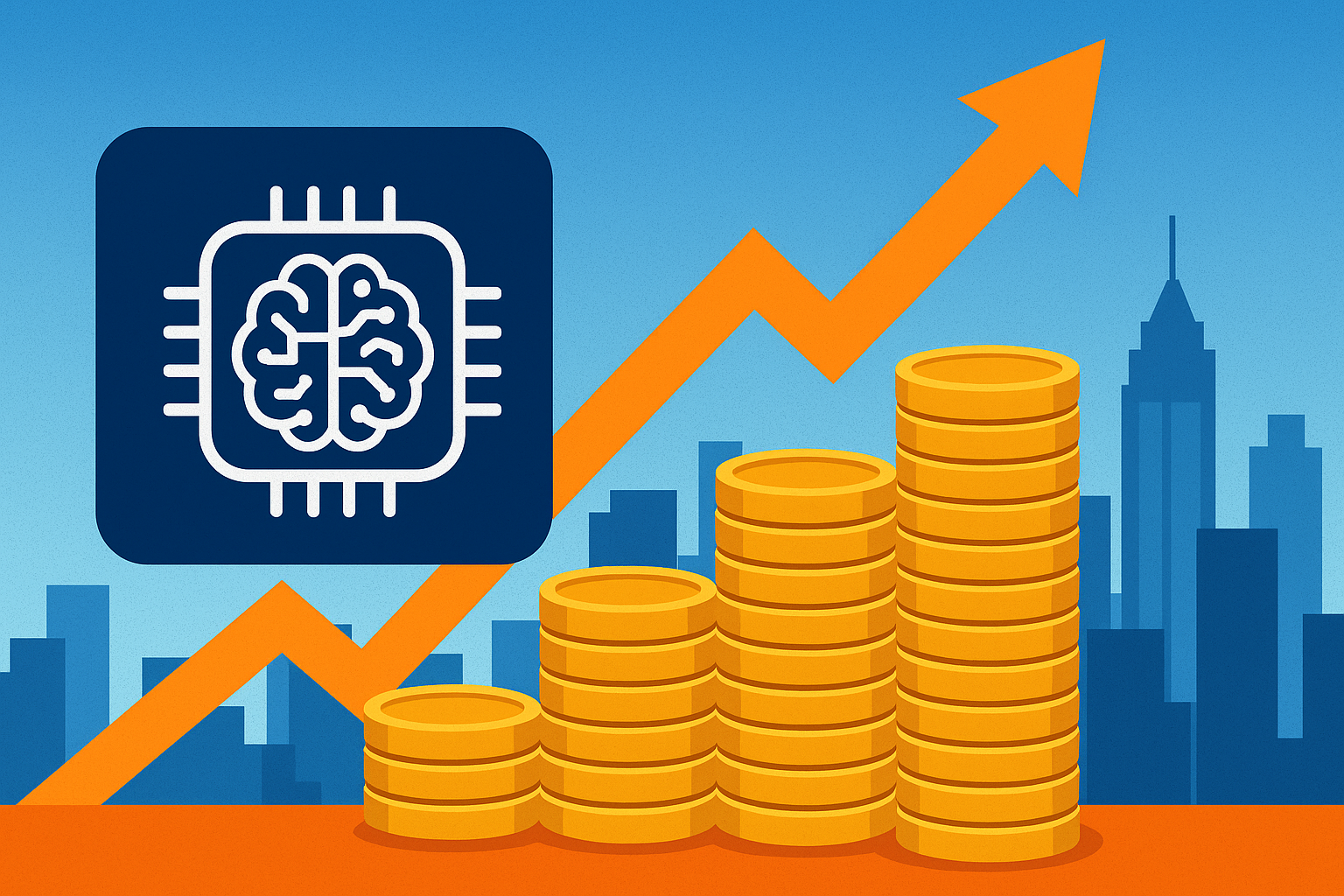 Illustration of AI chip icon, gold coin stacks, and rising arrow symbolizing growth in AI IPO investments.