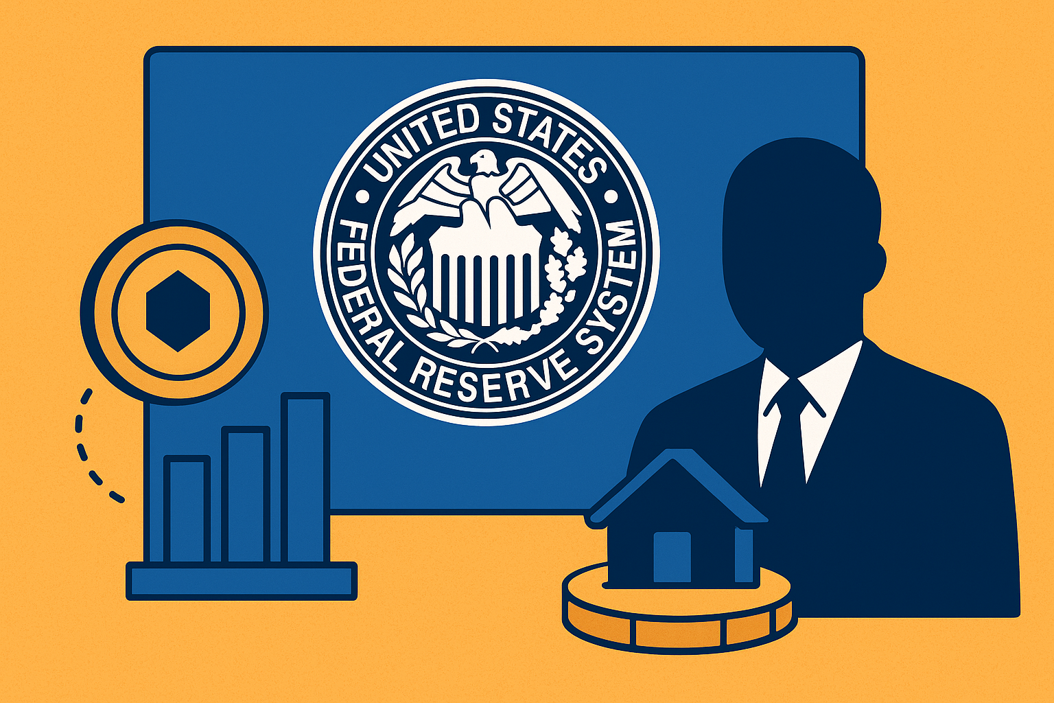 Illustration showing the U.S. Federal Reserve emblem alongside digital asset and real estate symbols, representing tokenized finance.