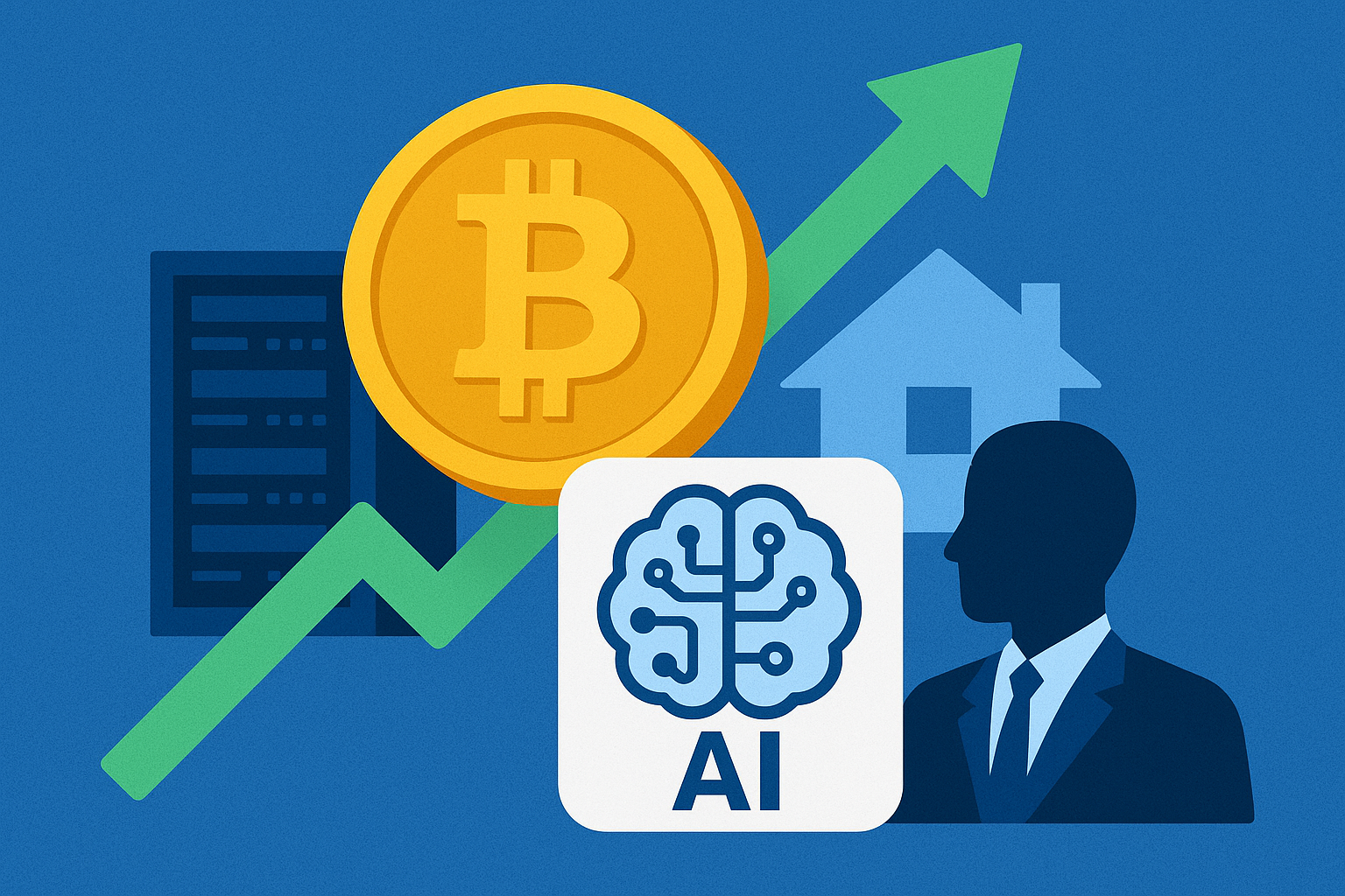 Illustration of a golden Bitcoin coin, AI brain icon, data server, and upward green arrow symbolizing Bitcoin miners pivoting to AI infrastructure.