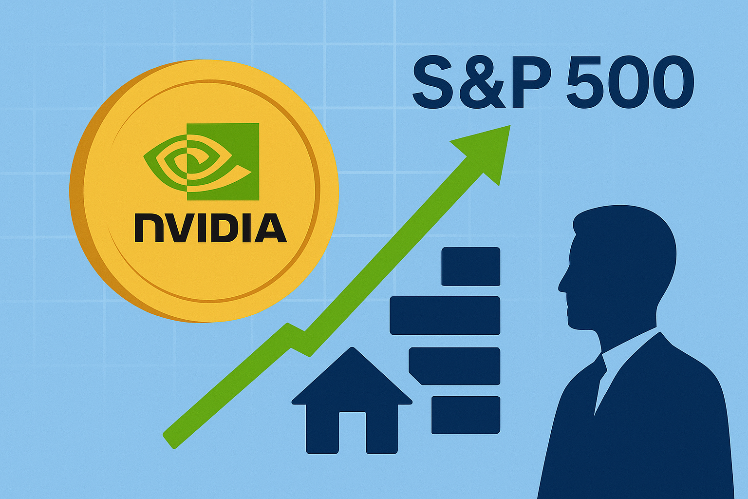 Illustration showing a golden Nvidia coin alongside a green upward arrow, bar chart, house icon, and a silhouette figure, symbolizing Nvidia’s outsized weight in the S&P 500.