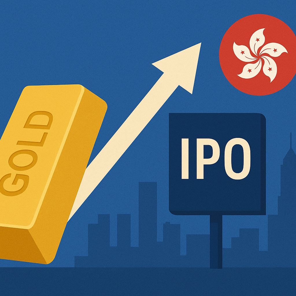 A flat-style digital illustration showing gold bars stacked in front of a modern Hong Kong skyline with a rising financial chart, symbolizing Zijin Mining’s $3 billion gold IPO.