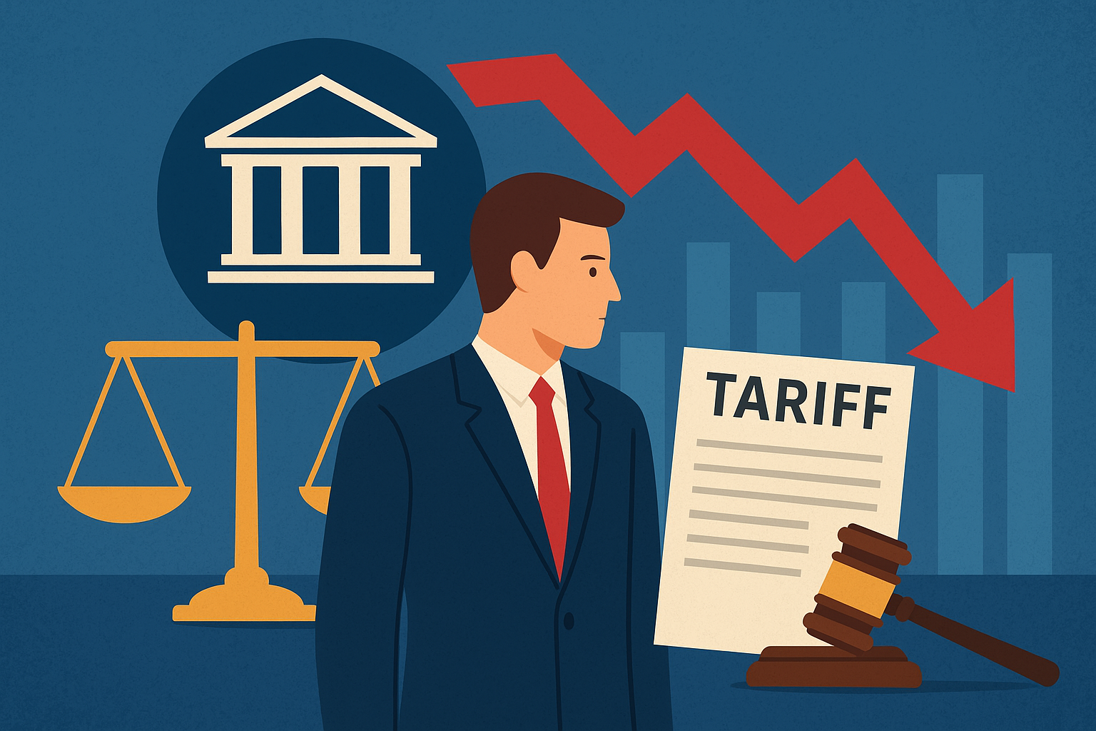 Symbolic illustration of a businessman standing before a scale of justice, a Federal Reserve emblem, a tariff document, and a red downward market arrow.