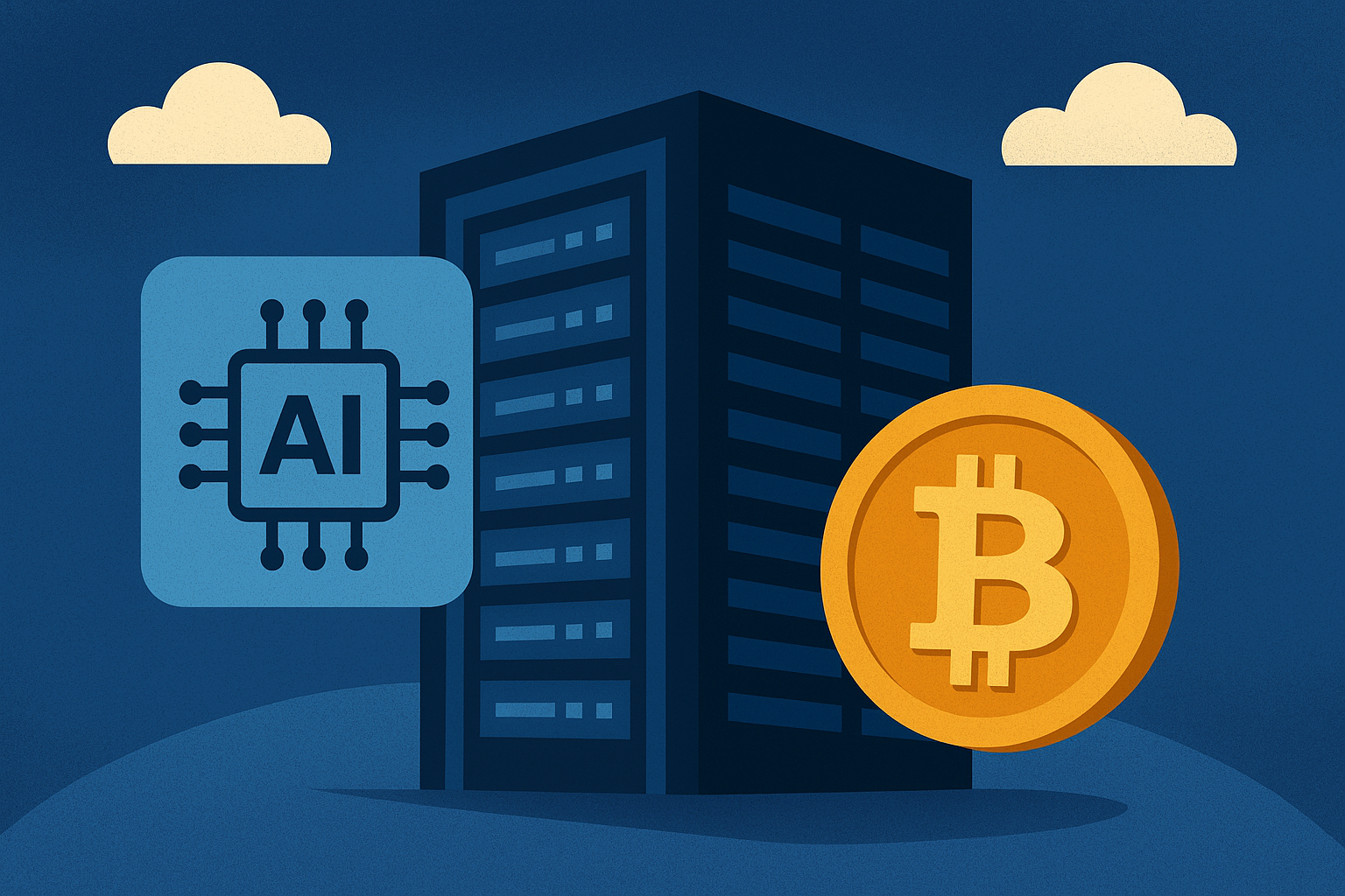 Illustrated data center with a golden Bitcoin coin on one side and an AI microchip symbol on the other, representing the convergence of crypto mining and artificial intelligence infrastructure.