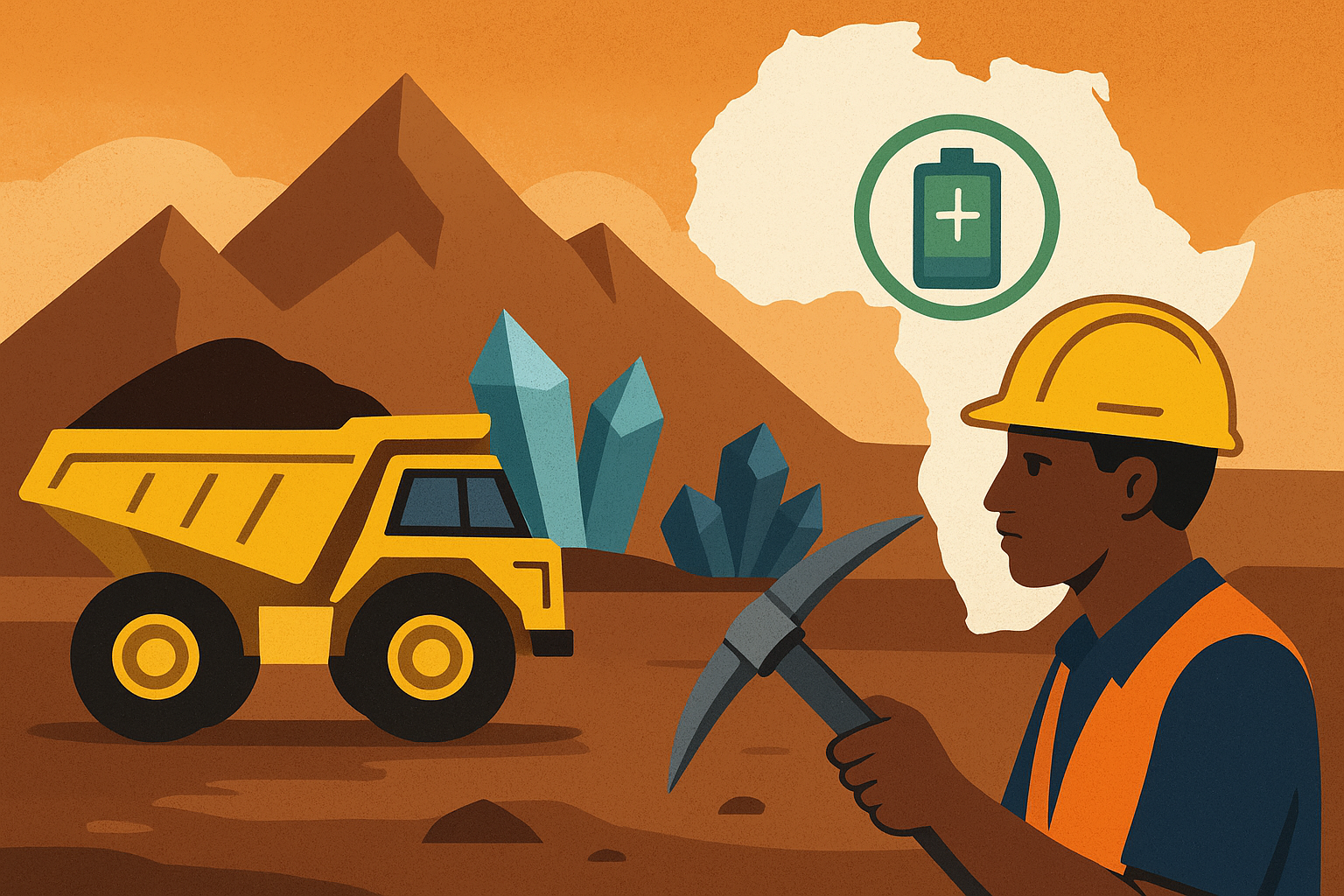 Illustration of a South African miner holding a pickaxe near a yellow mining truck, with mountains, blue minerals, and a battery icon over an African map backdrop.