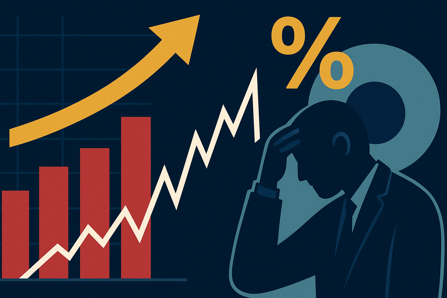 Illustration showing a rising stock chart, a percentage symbol, and a worried investor silhouette, symbolizing market reactions to weak labor data and Federal Reserve rate cut expectations.