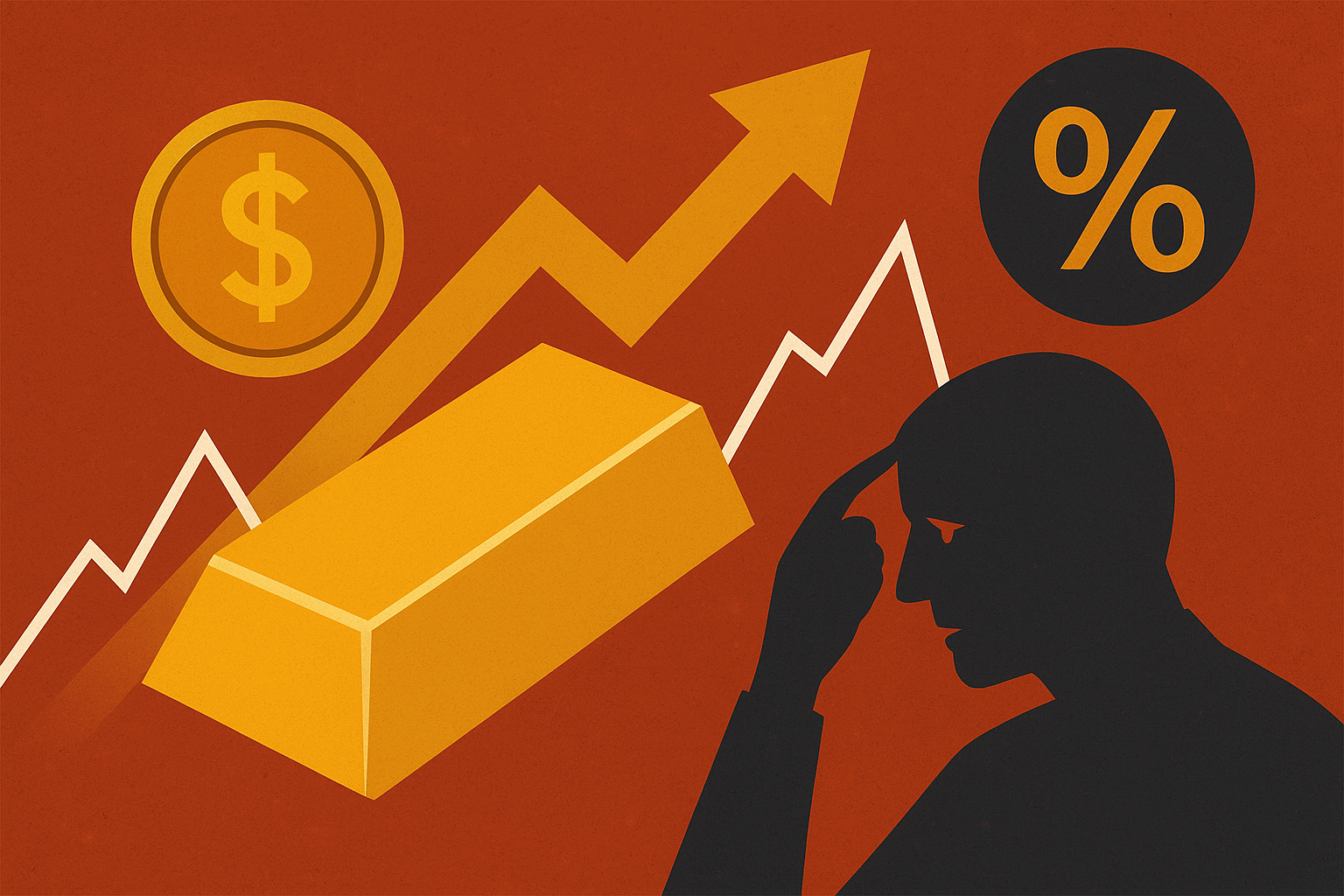 Illustration featuring a gold bar, upward-trending chart lines, a dollar coin, and a percentage symbol with a thoughtful investor silhouette, symbolizing gold’s record-breaking rally amid market uncertainty.