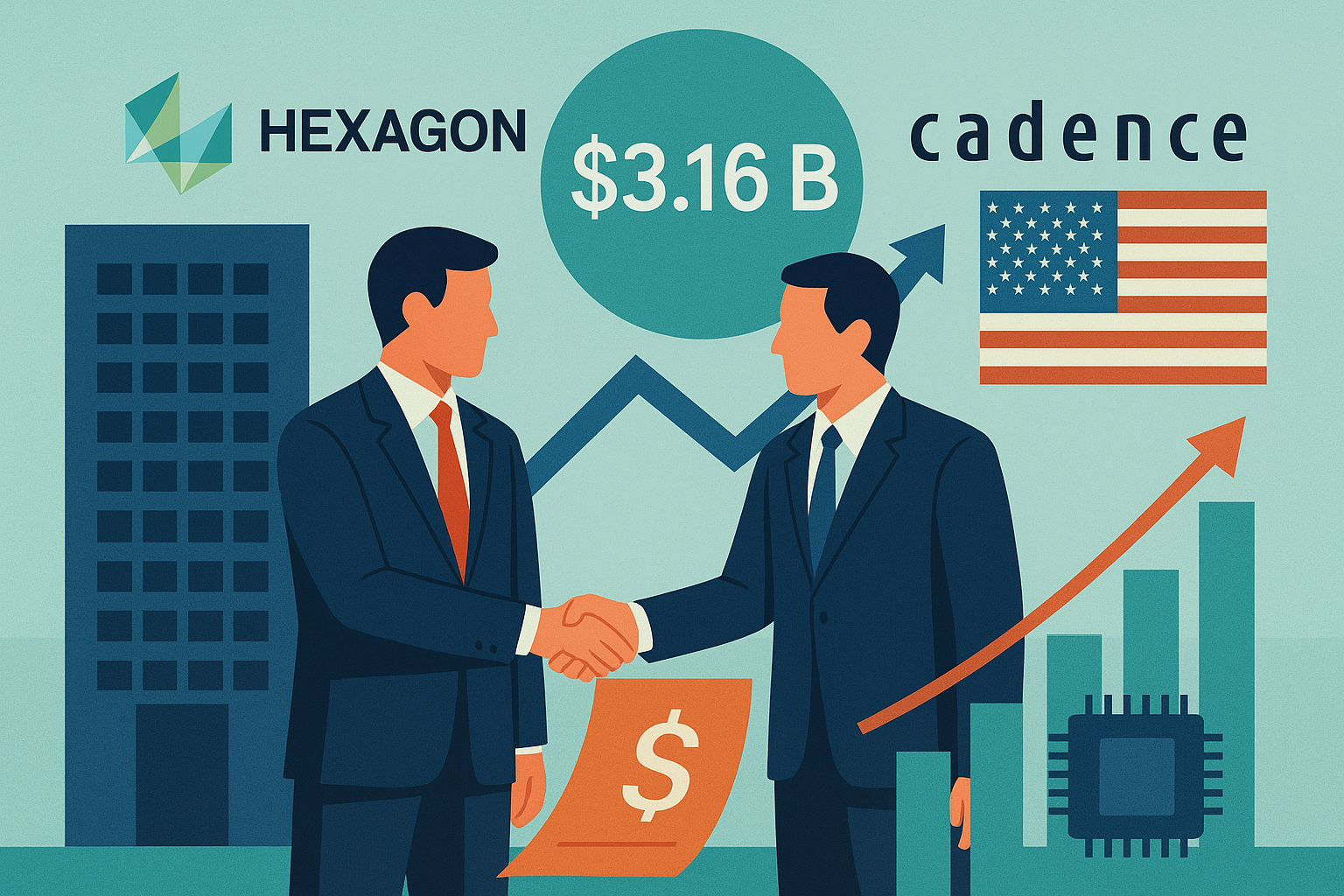 Illustration of two businessmen shaking hands symbolizing the $3.16 billion Hexagon–Cadence deal, with financial charts, U.S. flag, and technology icons in the background.