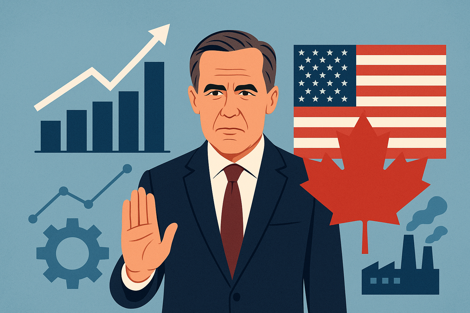 Illustration of a Canadian maple leaf set against a backdrop of diplomatic and trade symbols.