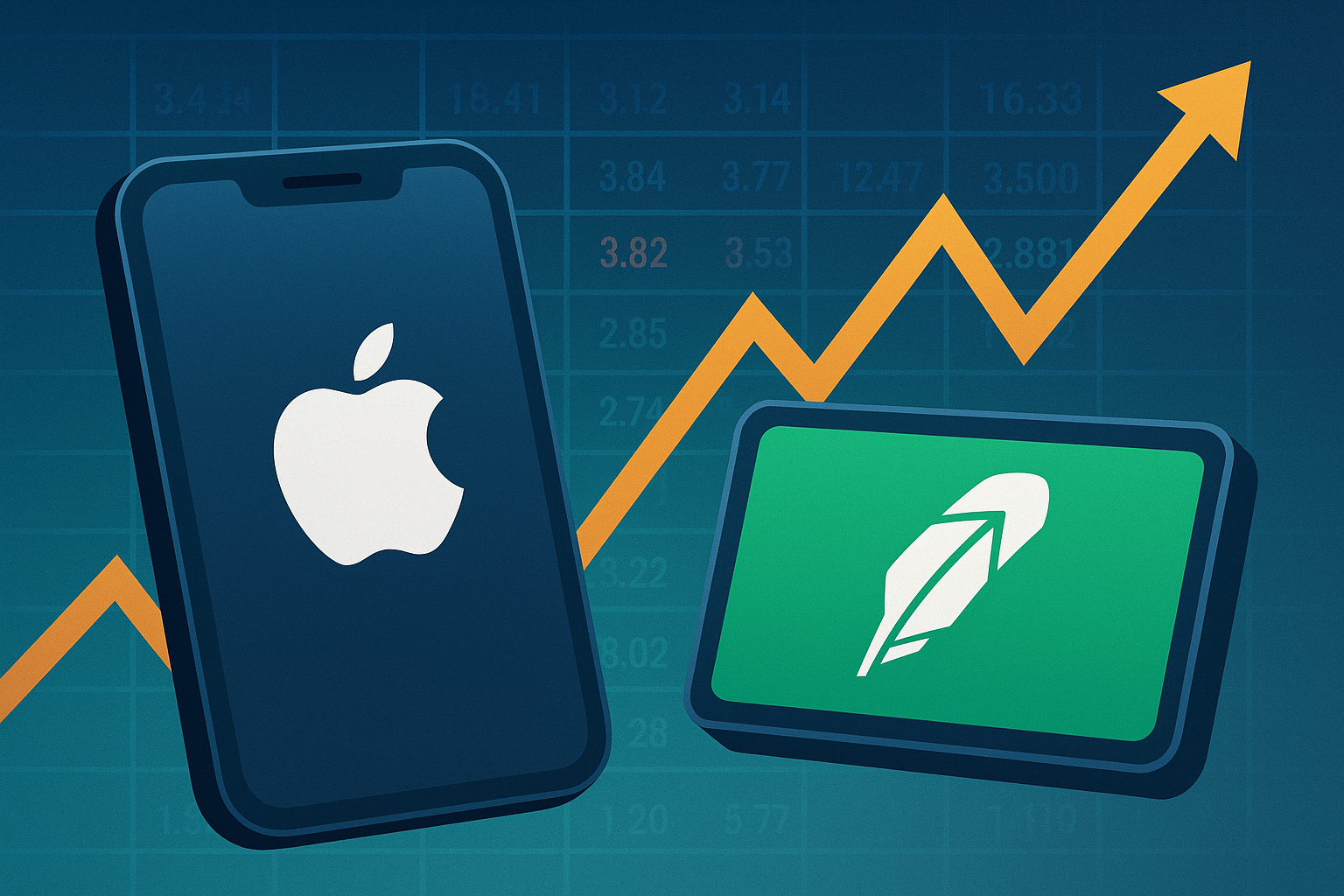 Illustration of an Apple iPhone and Robinhood logo with an upward-trending stock chart in the background.