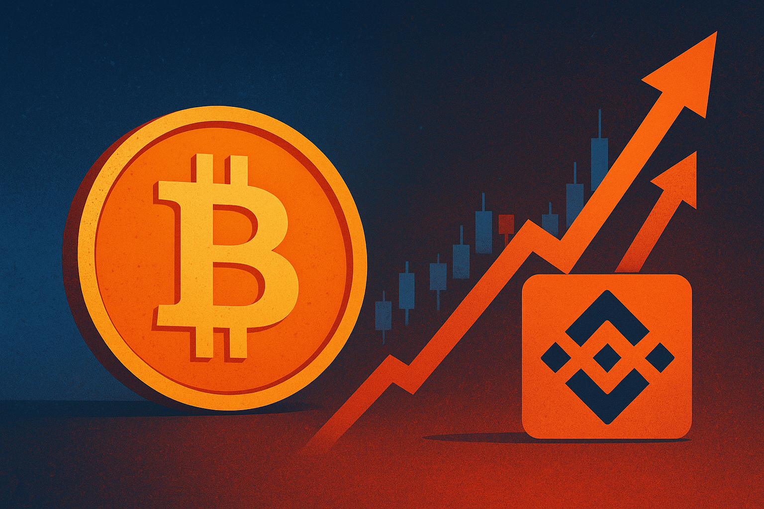 Illustration of a Bitcoin coin and Binance logo with rising stock chart arrows in the background.