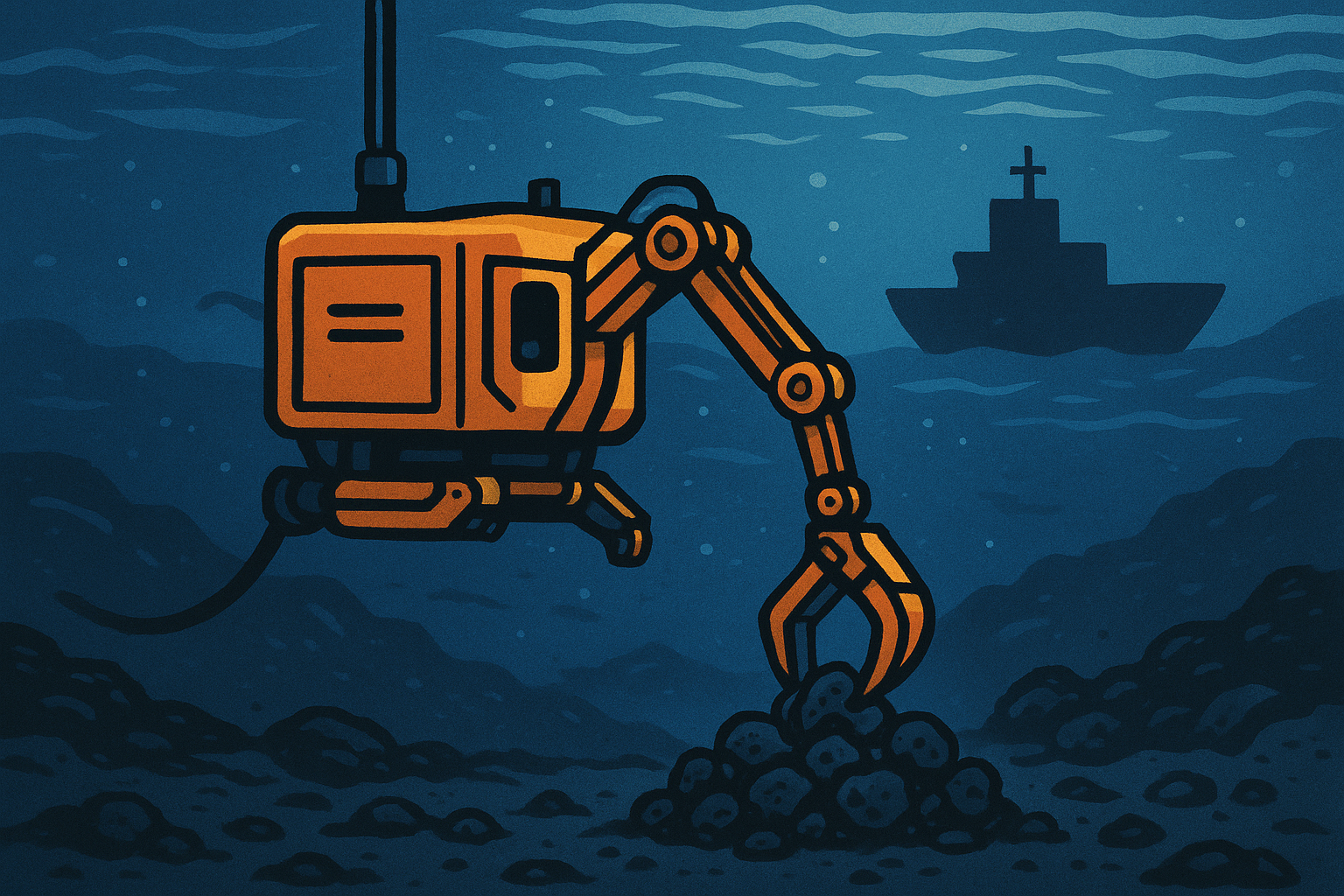 Illustration of a deep-sea mining vehicle with a robotic arm gathering mineral nodules from the ocean floor, with a ship silhouette above.