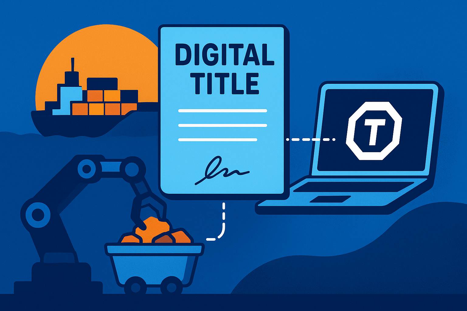 Illustration of a secure digital blockchain-style ledger connecting cargo ships, containers, and metal commodities in transit.